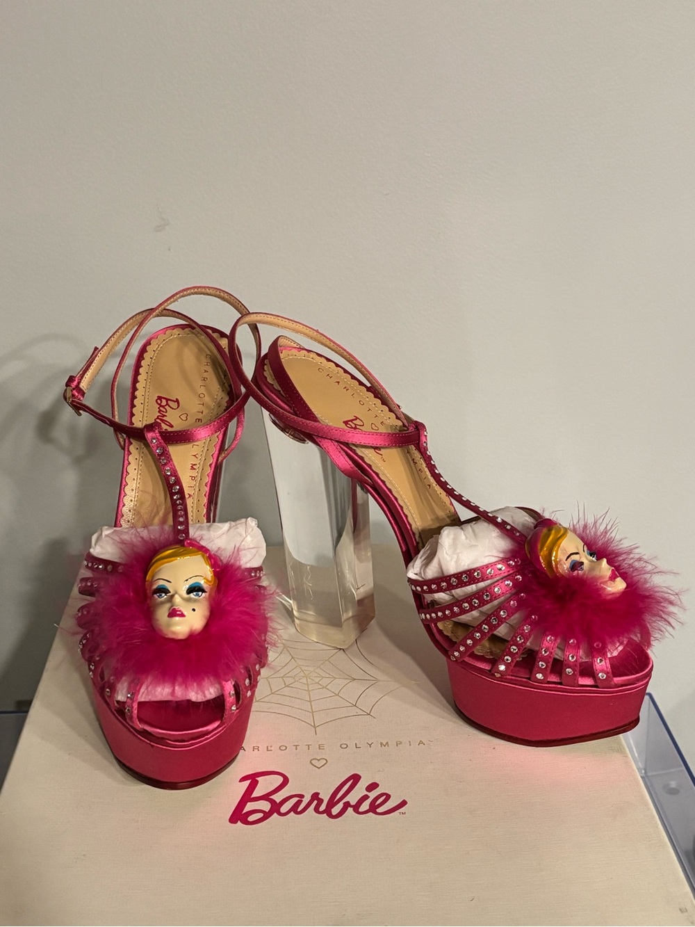 NIB Charlotte Olympia Barbie Girl Fuchsia Pink Satin Rhinestone Sandals 38
